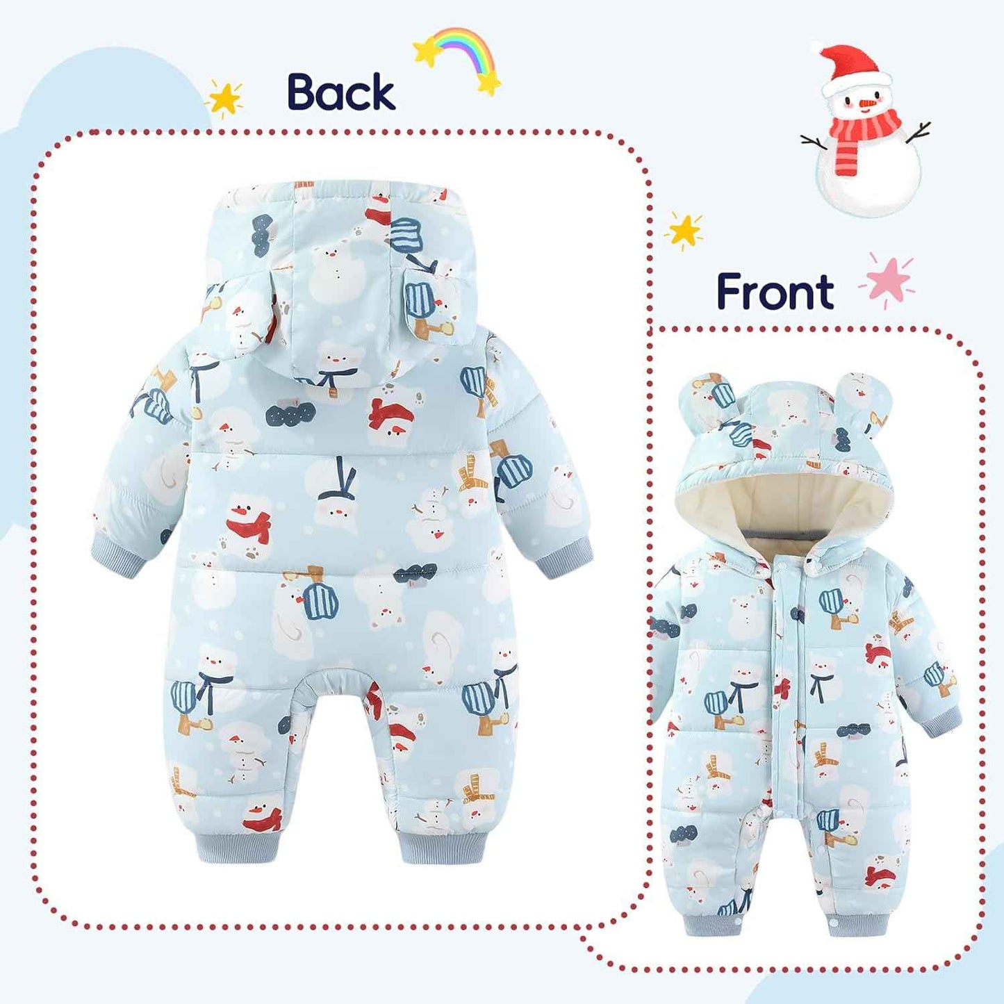 JiAmy Baby Snowsuit, Toddler Winter Romper Girls Boys Winter Jumpsuit with Hood Long Sleeve Jumpsuit Cute Prints for 3-24 Months