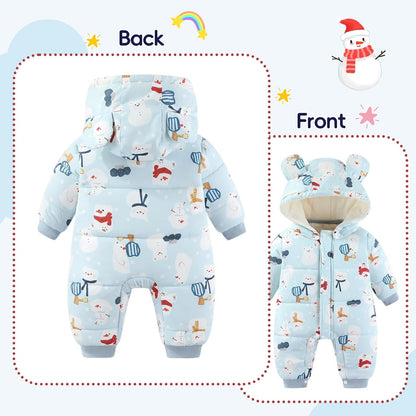JiAmy Baby Snowsuit, Toddler Winter Romper Girls Boys Winter Jumpsuit with Hood Long Sleeve Jumpsuit Cute Prints for 3-24 Months