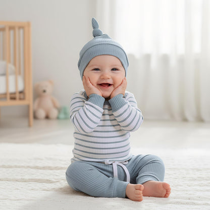 Baby Jungen Kleidung Gestreifter Body Strampler Langarm Top + Hose + Hut Baby Kleidung Set Baumwolle Weiche Kleidung Set für Neugeborene Kleinkinder 0-18 Monate
