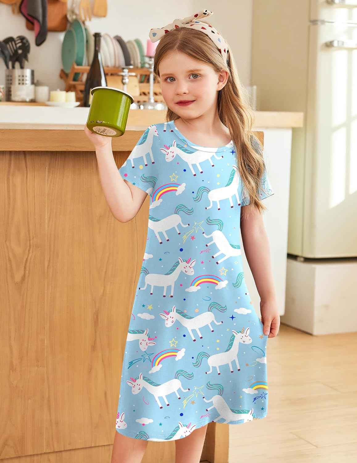 Arshiner Nightdress Girls Short Sleeve Pyjamas Children's Sleep Dress Cat Unicorn Crew Neck Night Dress 4-12 Years