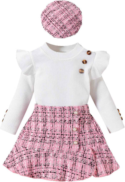 UUAISSO Kleinkind Baby Mädchen Kleidung Langarm Gerippte Oberteile Plaid Tweed Muster Rock Baskenmütze Herbst Knopf Outfits Sets