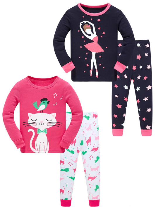 LOLPIP Mädchen Pyjamas 100% Baumwolle Schlafanzug für Kinder Schlafkleidung Langarm 4 Stück Set 1-12 Jahre