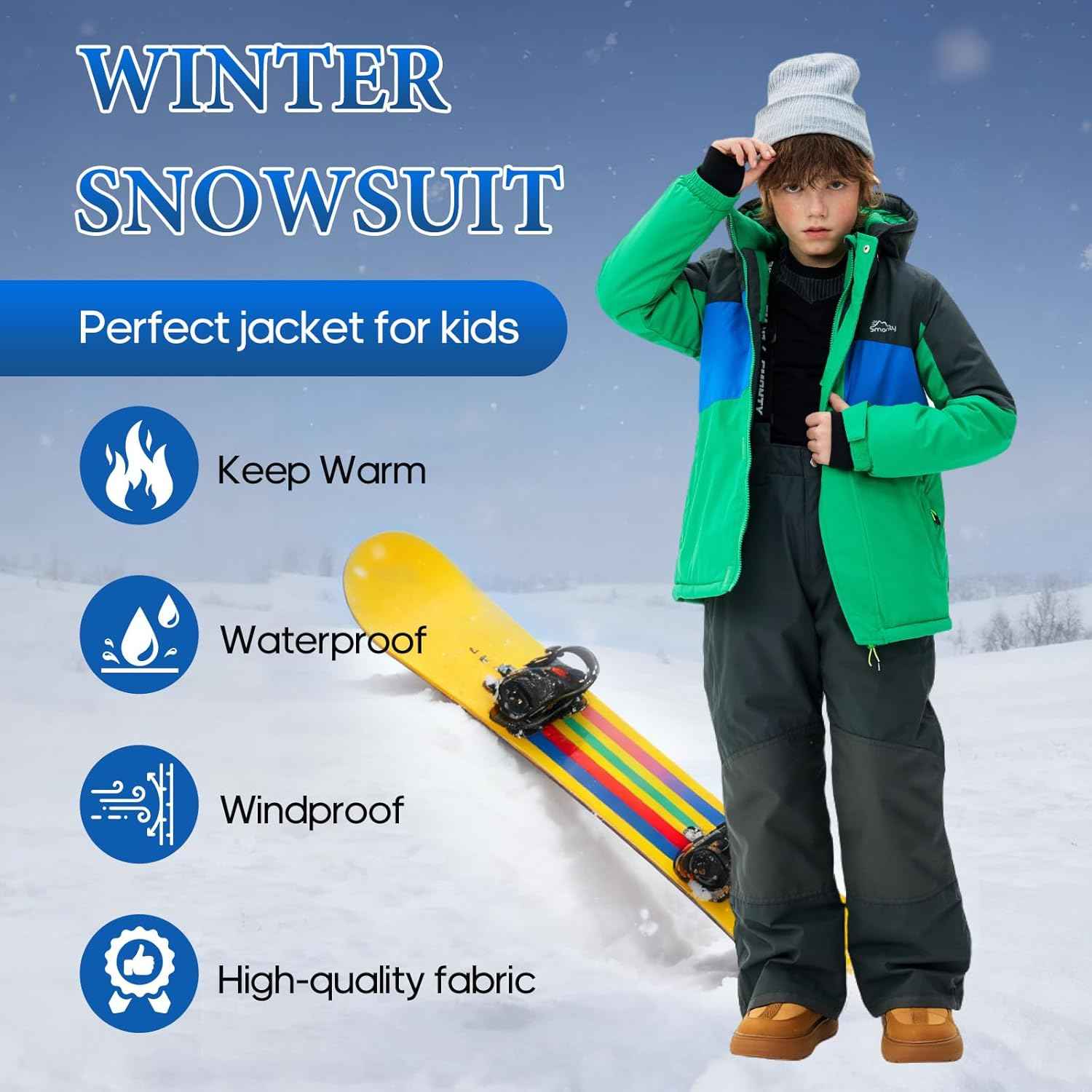 SMONTY Children's Snowsuit for Boys, Winter Ski Jacket and Trousers Set with Hood Strap, Windproof, Waterproof, Warm Coat