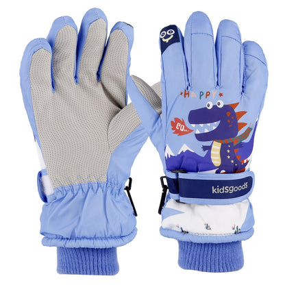 KAKU NANU Children's Winter Gloves 2-10 Years Ski Gloves Waterproof Warm Fleece Cartoon Children's Gloves Mittens with Cord Outdoor Snowboard Gloves Children Boys Girls Blue Red Pink Purple