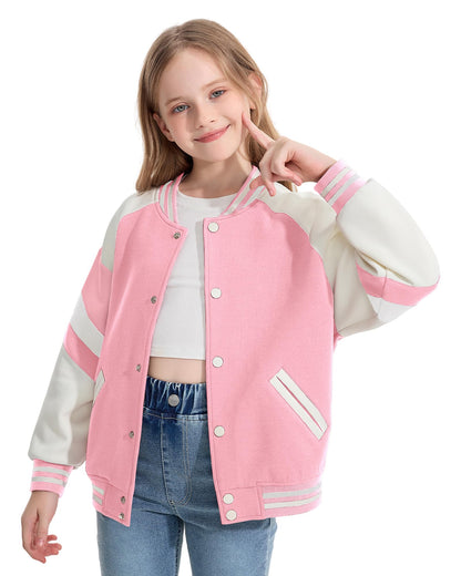 Rolanko Girls Baseball Jacket Boys Varsity Style Sweat Jacket with Pockets for School Bomber Coat for Children 
