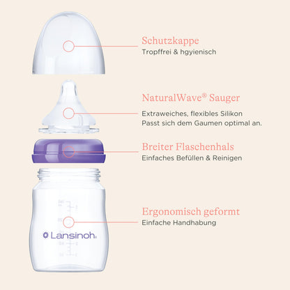 Lansinoh Baby Bottles with NaturalWave Teat Size M, 240 ml - Twin Pack - Compact Design for Improved Stability - with Stackable Lid