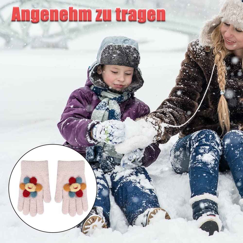 ZDQC 2 Paar Warme Strickhandschuhe Kinder,Süße Handschuhe Kinder,Handschuhe Kinder Stretch,Winter Warme Strickhandschuhe,Vollfinger Handschuhe,Fingerhandschuhe Kinder Winter