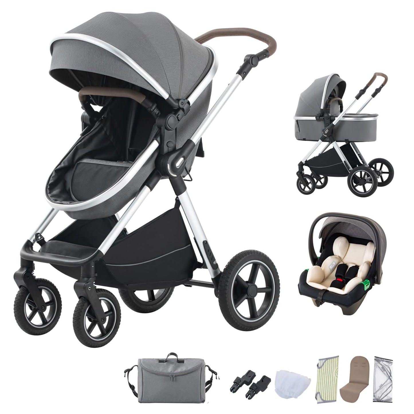 BEBBY 3-in-1 Kinderwagen KombiKinderwagen-Set 2-in-1 Buggy faltbar Luxus Hochlandschaft Neugeborenes Tragbarer Kinderwagen Zusammenklappbarer Kinderwagen Kinderwagen Travel System (D2-DEEPGREY)