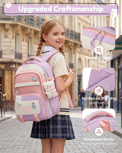 Tanou Schultasche Mädchen, Wasserabweisender Nylon Kinder Schulranzen, 20L | Leichter Schulrucksack für Mädchen der 2. bis 5. Klasse, Rucksack Schule mit Anhänger, Blau