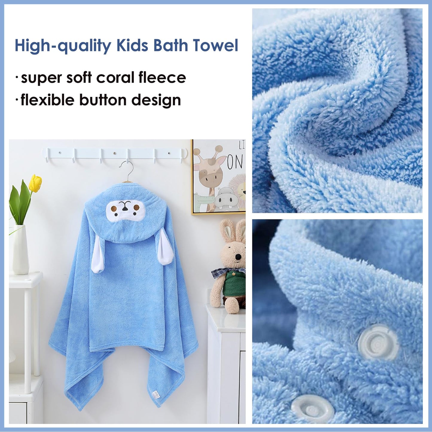 decalsweet Bath Towels for Kids, Large Softness and Absorbent Hooded Baby Bath Towel, Coral Fleece Children's Towel for Bathrobe Boys and Girls, 70 x 140 cm (Blue Elephant) 