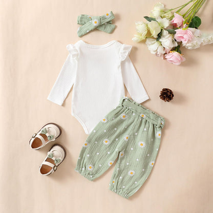 Geagodelia Baby Mädchen Kleidung Babykleidung Outfit Set Langarm Body Strampler + Gänseblümchen Hose + Stirnband Neugeborene Weiche Babyset