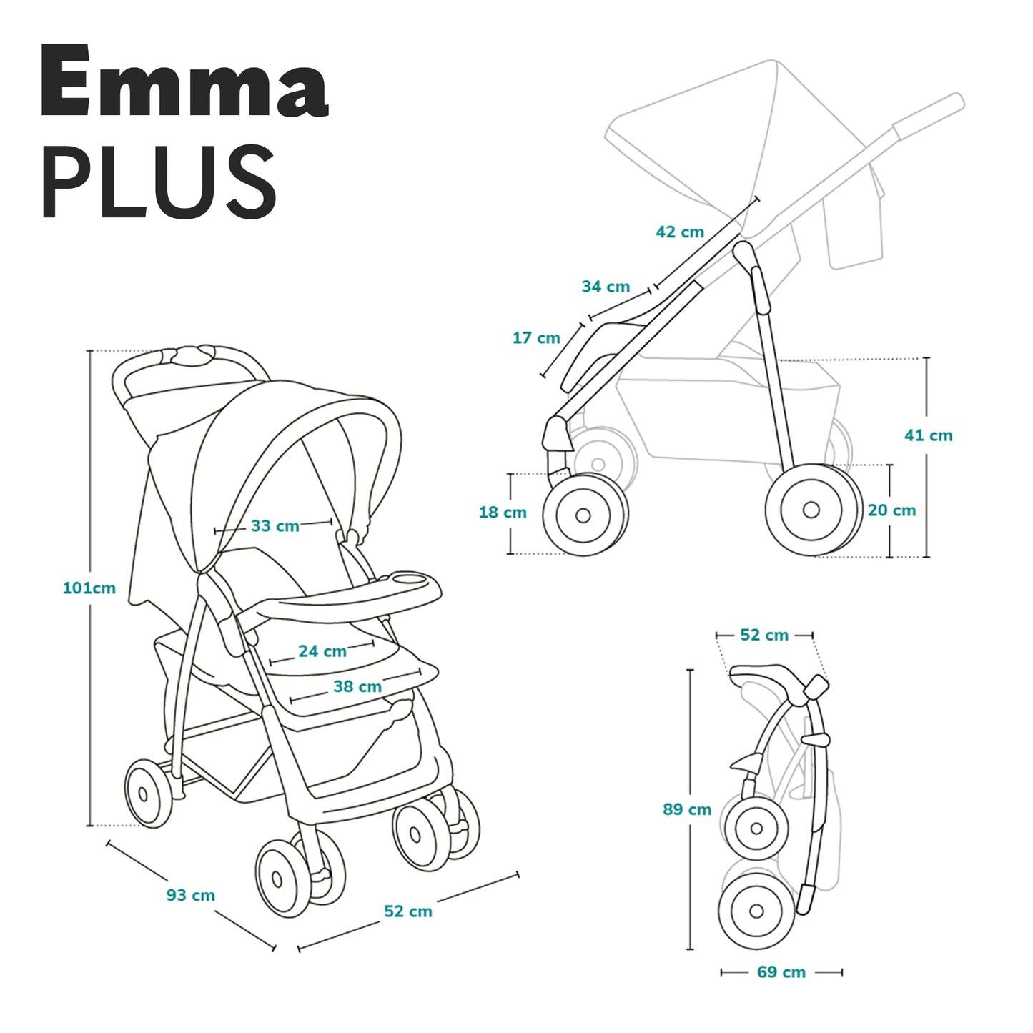 LIONELO Emma Plus Kinderwagen bis zu 15 kg, Kindersportwagen, leicht modern klein Buggy mit Liegeposition, zusammenklappbar, große Räder, großer Korb, Tasche Stone