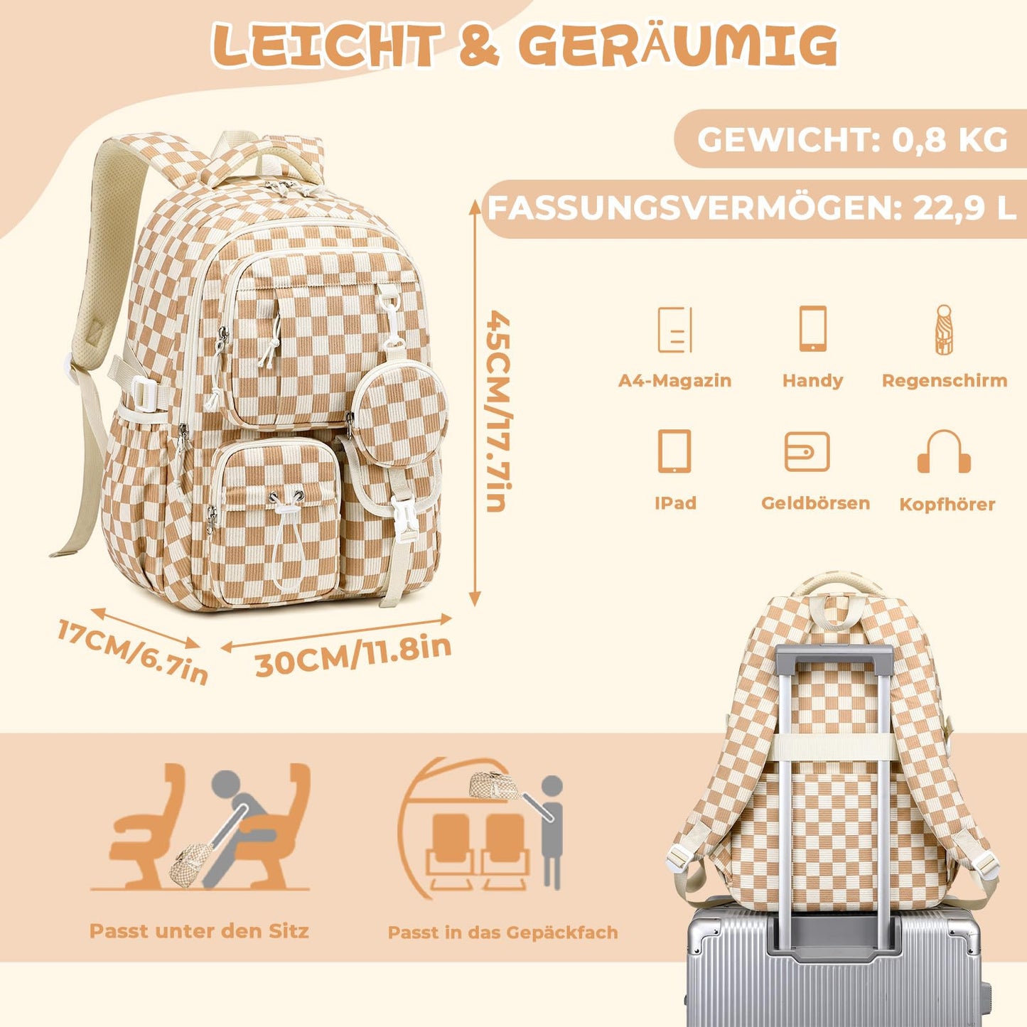 Schulrucksack Teenager Mädchen 22,9L mit Abnehmbarem Münzbeutel | Reflektierende Sicherheitsstreifen,S-förmige Wirbelsäulenstütze,Wasserfestes Gewebe,Wabenbelüfteter Rücken