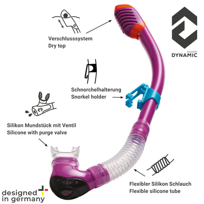 DYNAMICNORD - Kinder Schnorchelset – Designed in Germany – Profi Silikon 2er Set Tauchset Schnorchelset für Kinder (Taucherbrille, Trocken Schnorchel & Netztasche) mit Dry Schnorchel & Sicherheitsglas