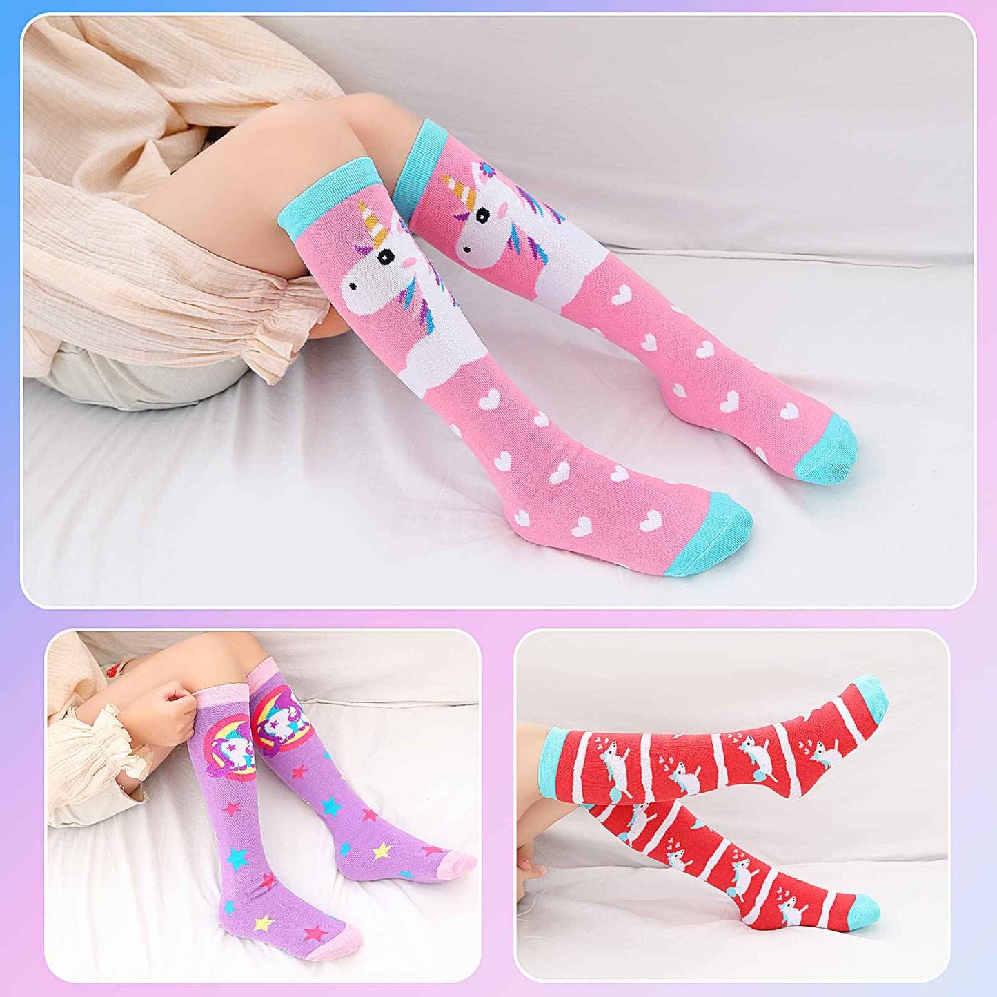 PHOGARY 6 Pairs of Knee Socks for Girls, Cute Socks Colourful Socks Children, Warm Knee Socks Children, Medium Calf Length, Long Knee Socks Girls from 3 to 12 Years, One Size