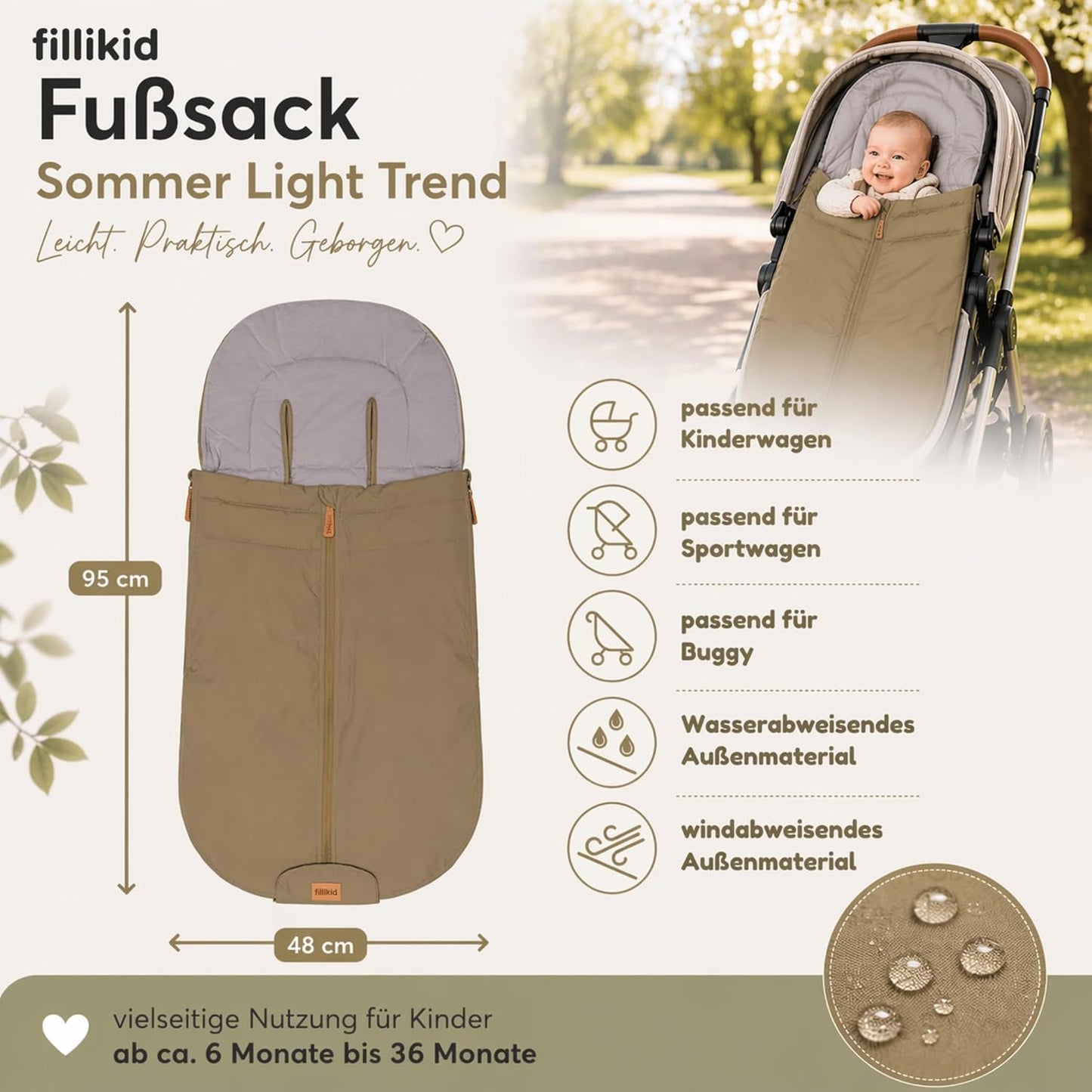 Babyfußsack Light Trend Exklusiv, 95x48cm | Leichter Sommer-Fußsack für Kinderwagen, Buggy & Sportwagen, Vorderteil abnehmbar, pflegeleicht