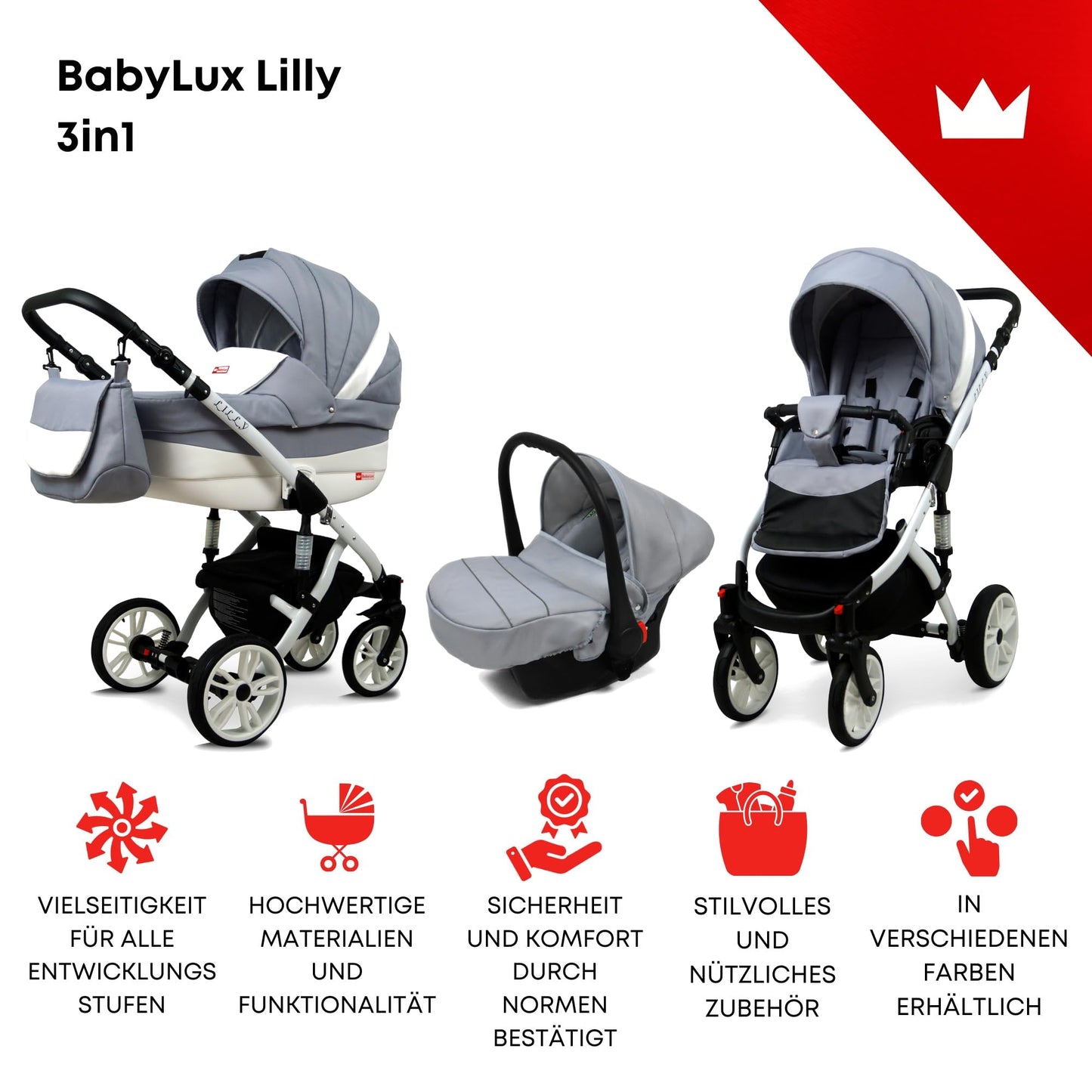 BabyLux® Bambimo Kinderwagen Set 3 in 1 - Lilly - incl. Babywanne, Buggy Sportsitz, Auto-Babyschale - Autositz - Kinderwagenset - Kombikinderwagen mit Wickeltasche, Regenschutz usw.