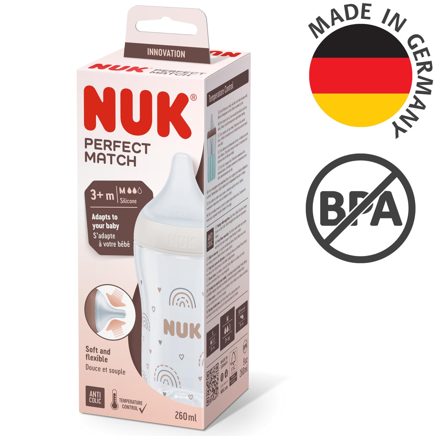 NUK Perfect Match Perfect Start Babyflaschenset | Ab 0 Monate | Passt sich dem Baby an | 4 Anti-Colic-Babyflaschen, Schnuller, Flaschenbürste und mehr | BPA-frei | 7 Stück