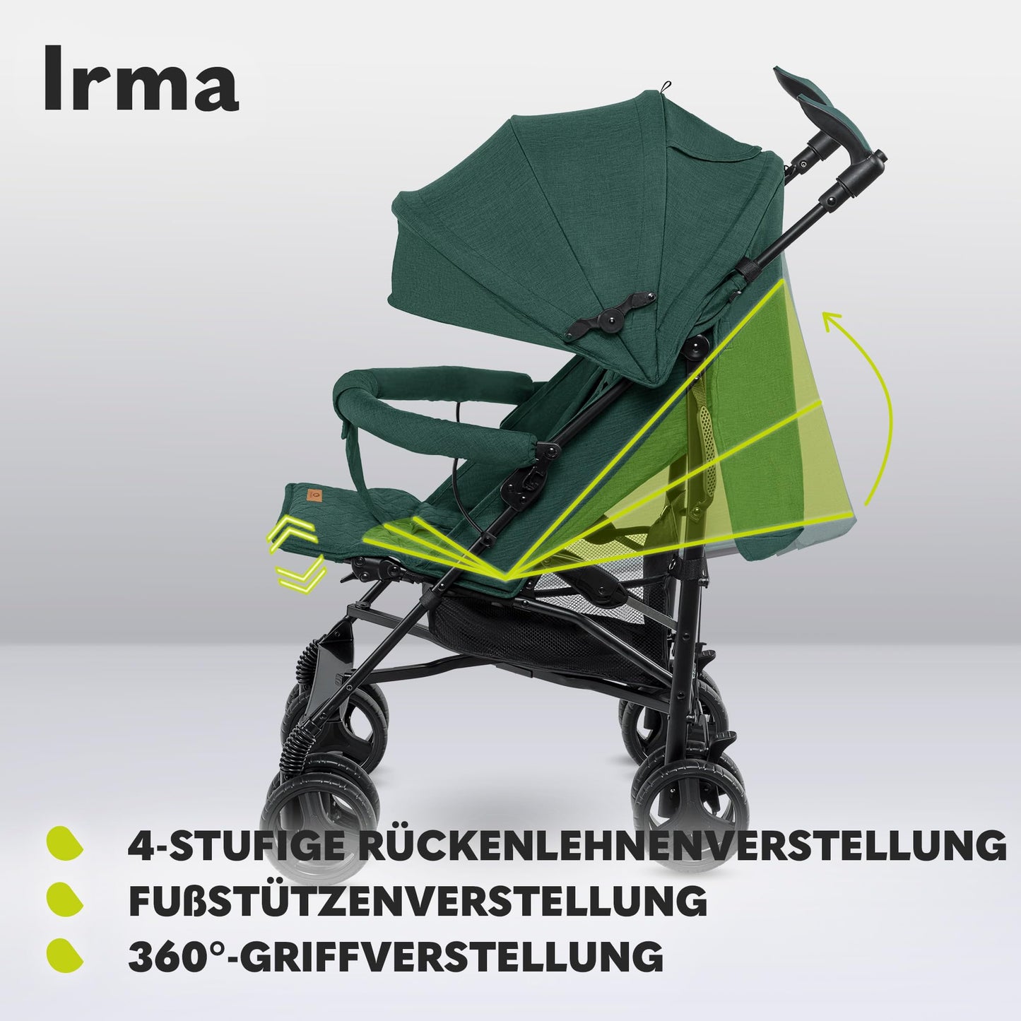 Lionelo Irma Pushchair up to 15 kg, Lightweight Modern Pushchair with Reclining Function, Foldable, Large 6 Inch Wheels, Large Basket, Bag, Mosquito Net 