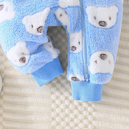 Yanmucy Newborn Baby Winter Romper with Hood Cartoon Bear Baby Snowsuit Warm Fleece Zip Baby Girl Boy Jumpsuit 0-18 Months