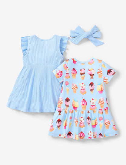 PATPAT Baby Mädchen Kleid Set, Packung mit 2 Süßes Sommerkleider Ärmellos Rüschen Prinzessin Kleider Kurze Ärmel, Kleinkind A-Linien-Kleid für Hochzeit Geburtstag Party Bankett Urlaub, 3-24 Monate