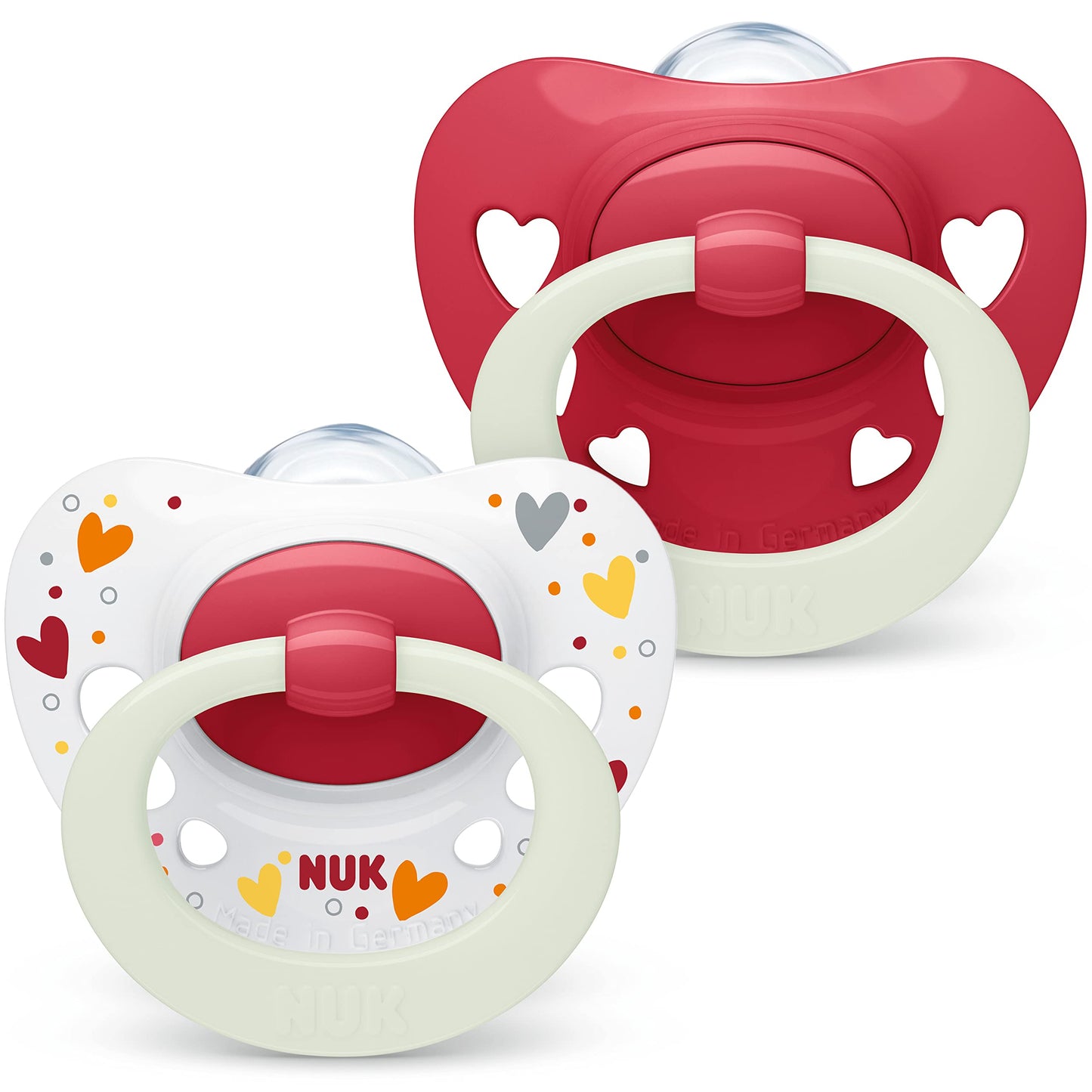 NUK Signature Baby Pacifier | 0-6 Months | Soothes 95% of Babies | BPA Free Silicone Heart-Shaped Pacifier | With Case | Green Stars | Pack of 2