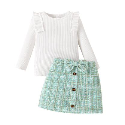 Baby Kinder Mädchen Kleidung Set Rüschen gerippt Langarm Top Fliege Checked Rock 2 Stück Frühling Herbst Kleinkind Outfits Set