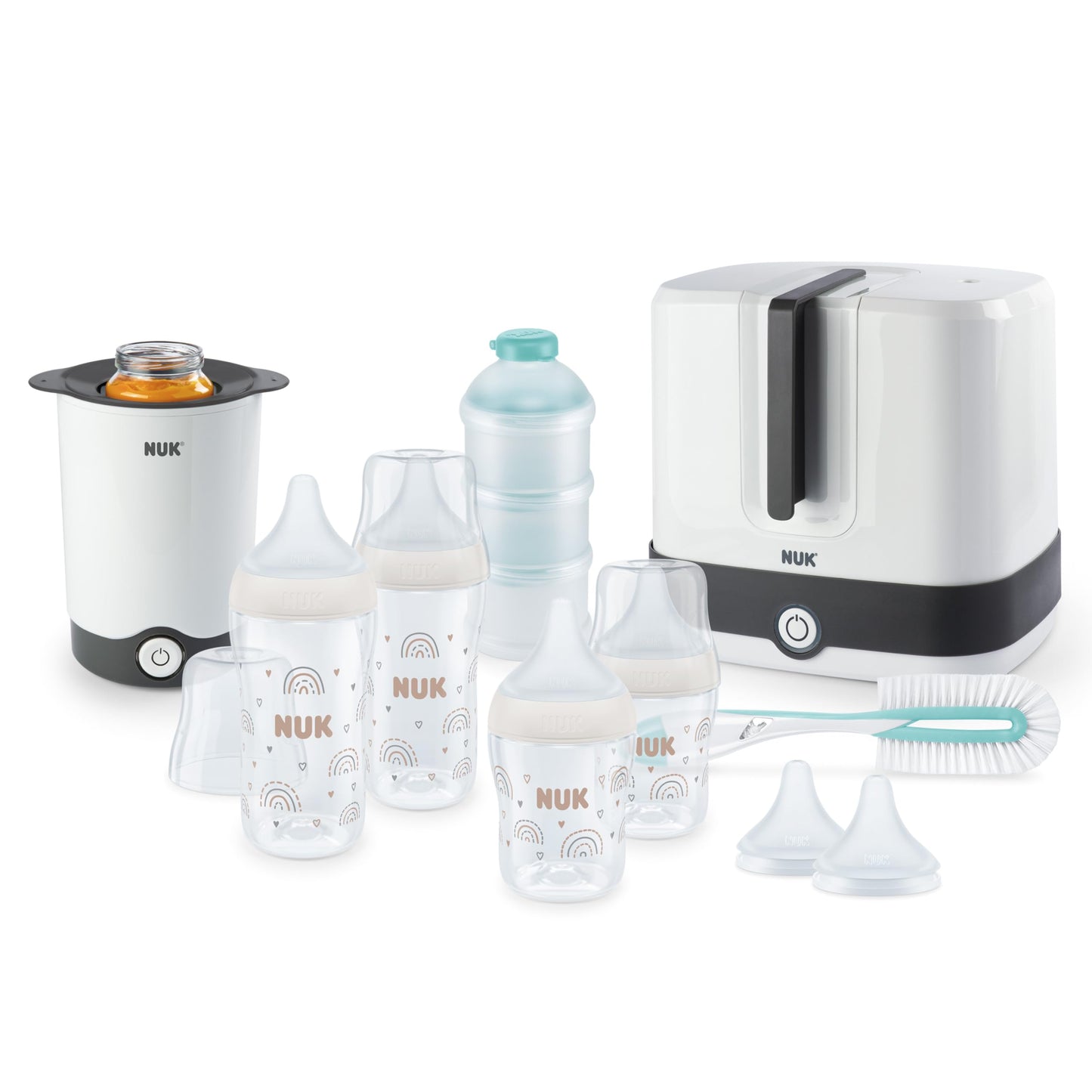 NUK Perfect Match Complete Feeding Set | Ab 0 Monate | Vario Express-Sterilisator, 4 Babyflaschen, Flaschenwärmer, Flaschenbürste und mehr | Regenbogen | 8 Stück