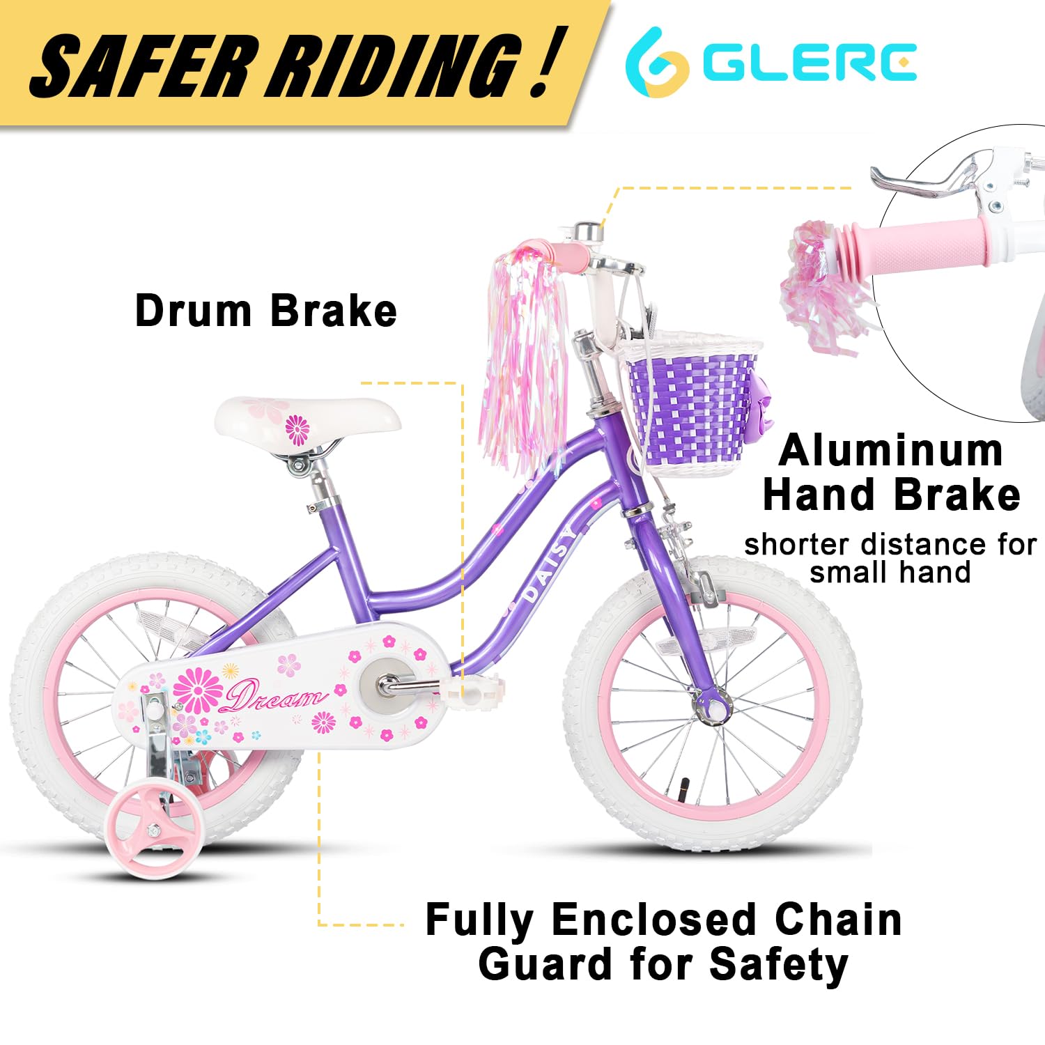 Glerc Kinderfahrrad 12/14/16 Zoll für 2-7 Jahre Mädchen Fahrrad mit Korb, Luftschlangen, Stützräder und Glocke - Meloni2