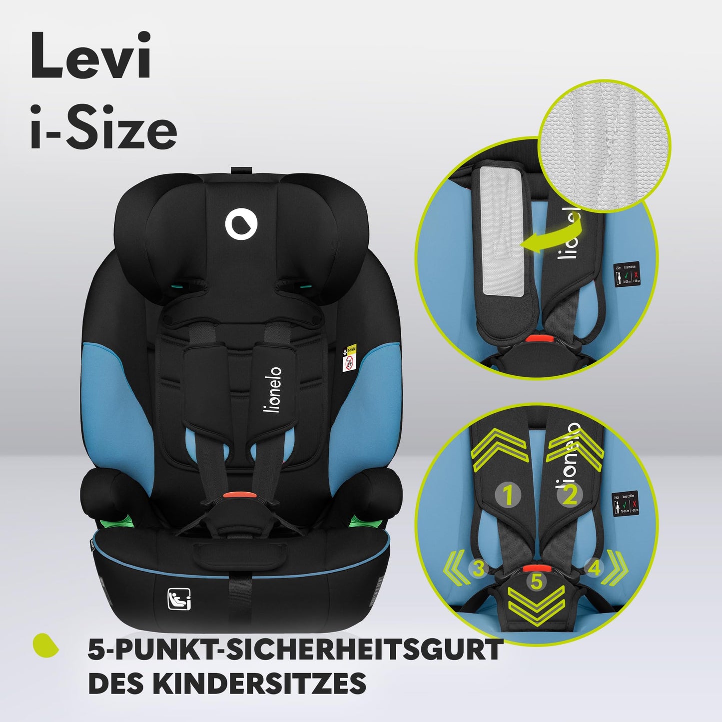 LIONELO LEVI I-SIZE 76-150 cm Kinderautositz, Gruppe 1 2 3, Seitenschutz, 10 Grad Kopfstützenverstellung Bequeme Armlehnen Verstellbare Rückenlehne, R129 i-Size