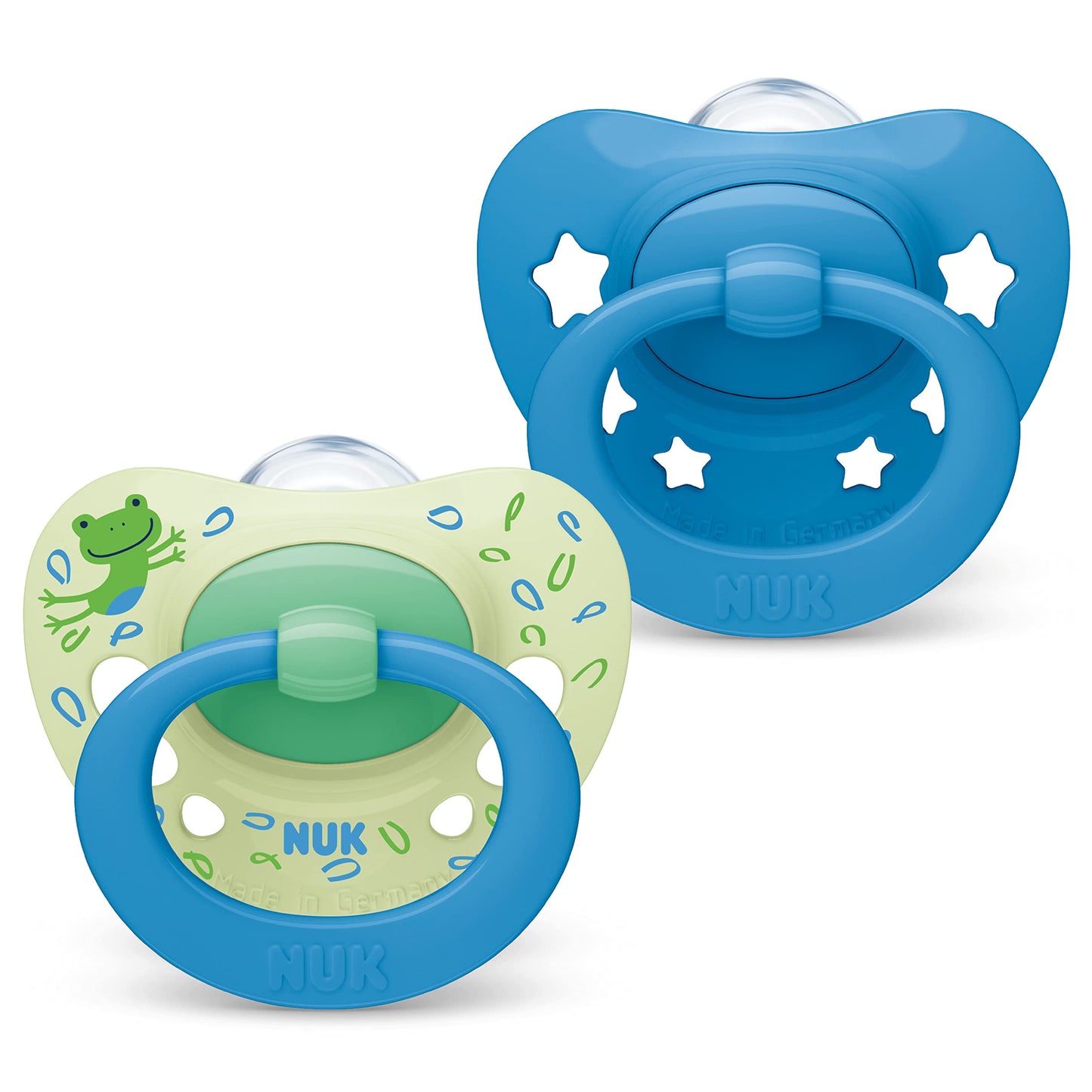 NUK Signature Baby Pacifier | 0-6 Months | Soothes 95% of Babies | BPA Free Silicone Heart-Shaped Pacifier | With Case | Green Stars | Pack of 2