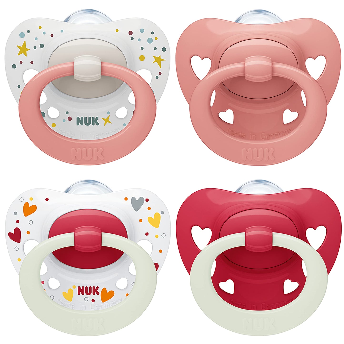 NUK Signature Day & Night Baby Pacifiers | 0-6 Months | Soothes 95% of Babies | BPA Free Silicone Heart-Shaped Pacifier | Glow in the Dark | Hearts | Pack of 4 - Meloni2