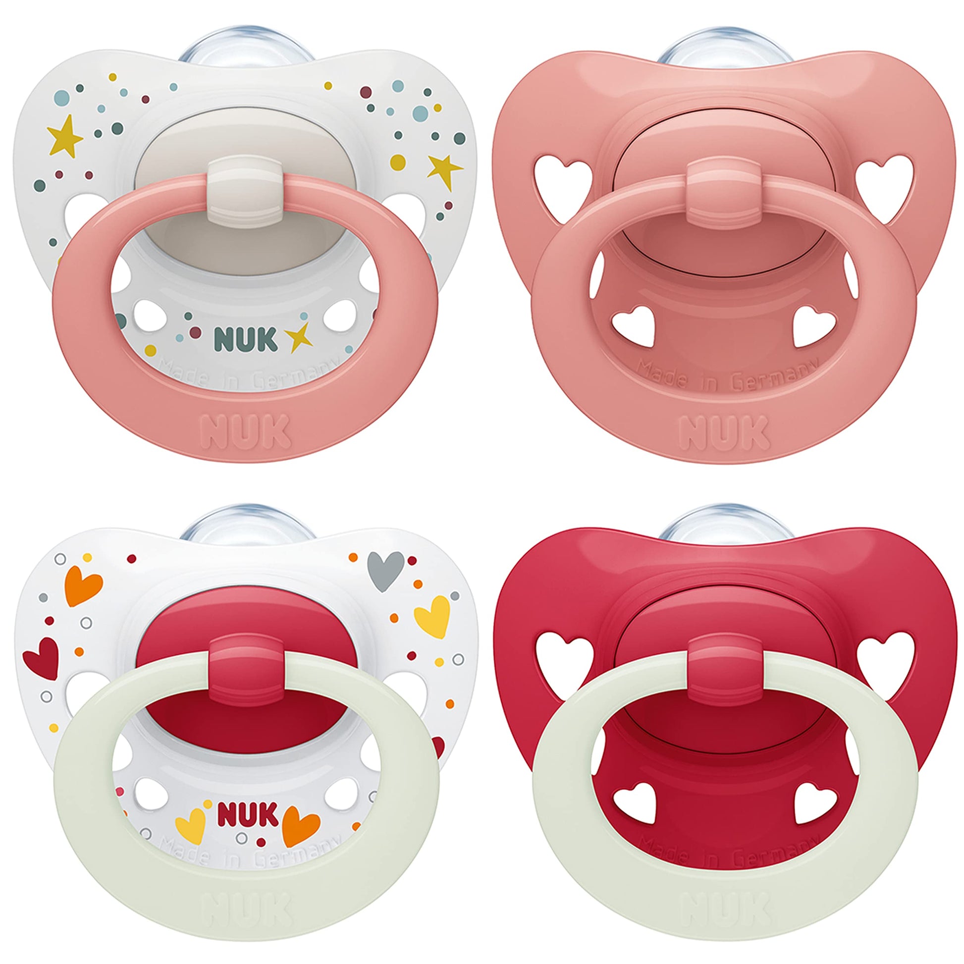 NUK Signature Day & Night Baby Pacifiers | 0-6 Months | Soothes 95% of Babies | BPA Free Silicone Heart-Shaped Pacifier | Glow in the Dark | Hearts | Pack of 4 - Meloni2