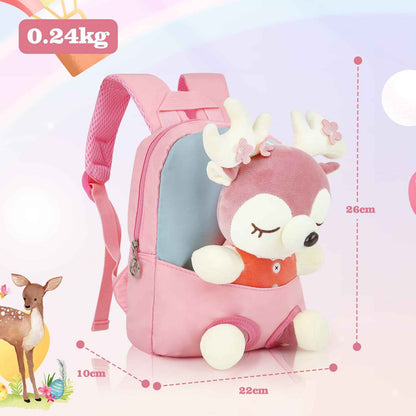 MIDSuN Small Children's Backpack, Removable Plush Doll, Nursery Backpack, Deer Nursery Backpack, Children's Bag for 2-5 Years, Nursery Boys and Girls
