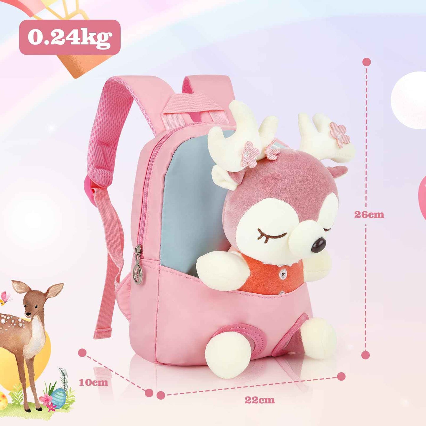 MIDSuN Small Children's Backpack, Removable Plush Doll, Nursery Backpack, Deer Nursery Backpack, Children's Bag for 2-5 Years, Nursery Boys and Girls