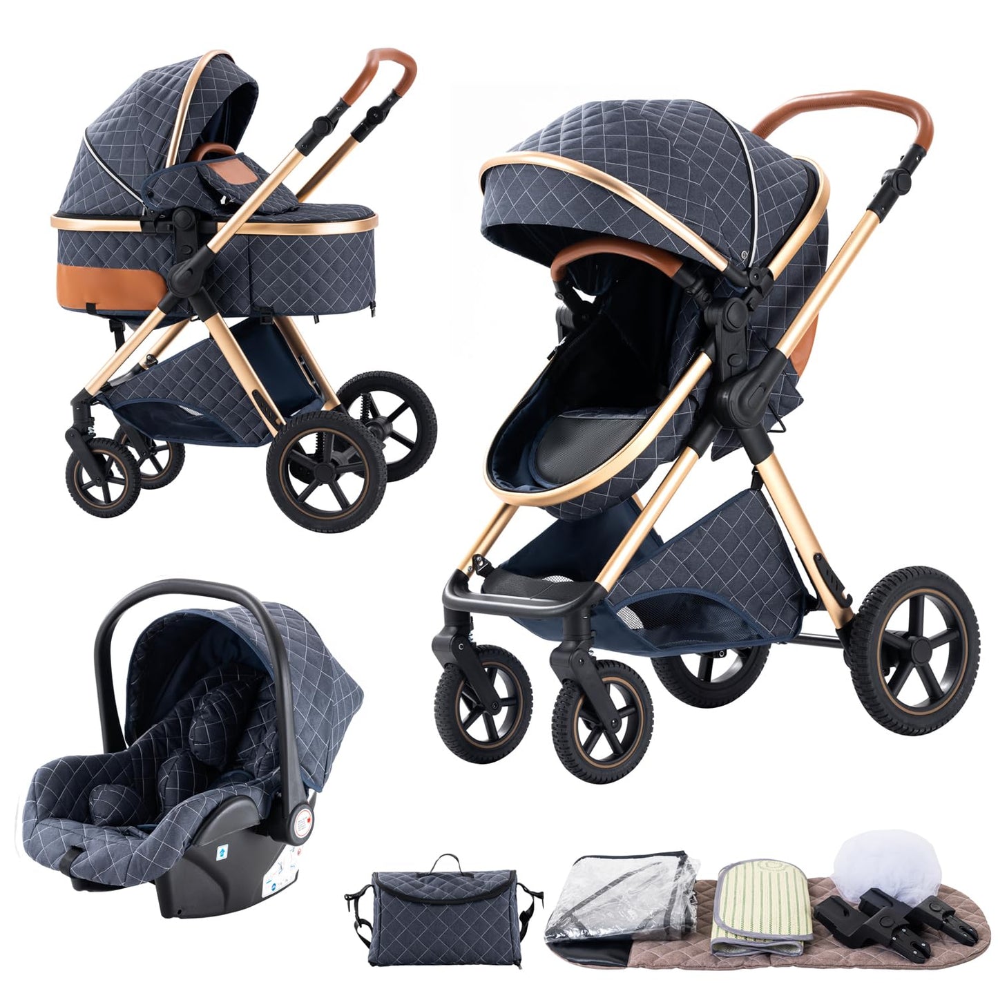BEBBY 3-in-1 Kinderwagen KombiKinderwagen-Set 2-in-1 Buggy faltbar Luxus Hochlandschaft Neugeborenes Tragbarer Kinderwagen Zusammenklappbarer Kinderwagen Kinderwagen Travel System (D2-DEEPGREY)