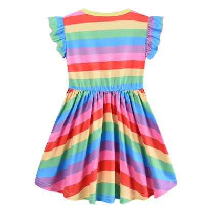 EULLA Kinder Mädchen Kleid Kurzarm Lässig A-Linie Regenbogenstreifen Erdbeere Marienkäfer Schmetterling Kleider Gr.92 98 104 110 116 122