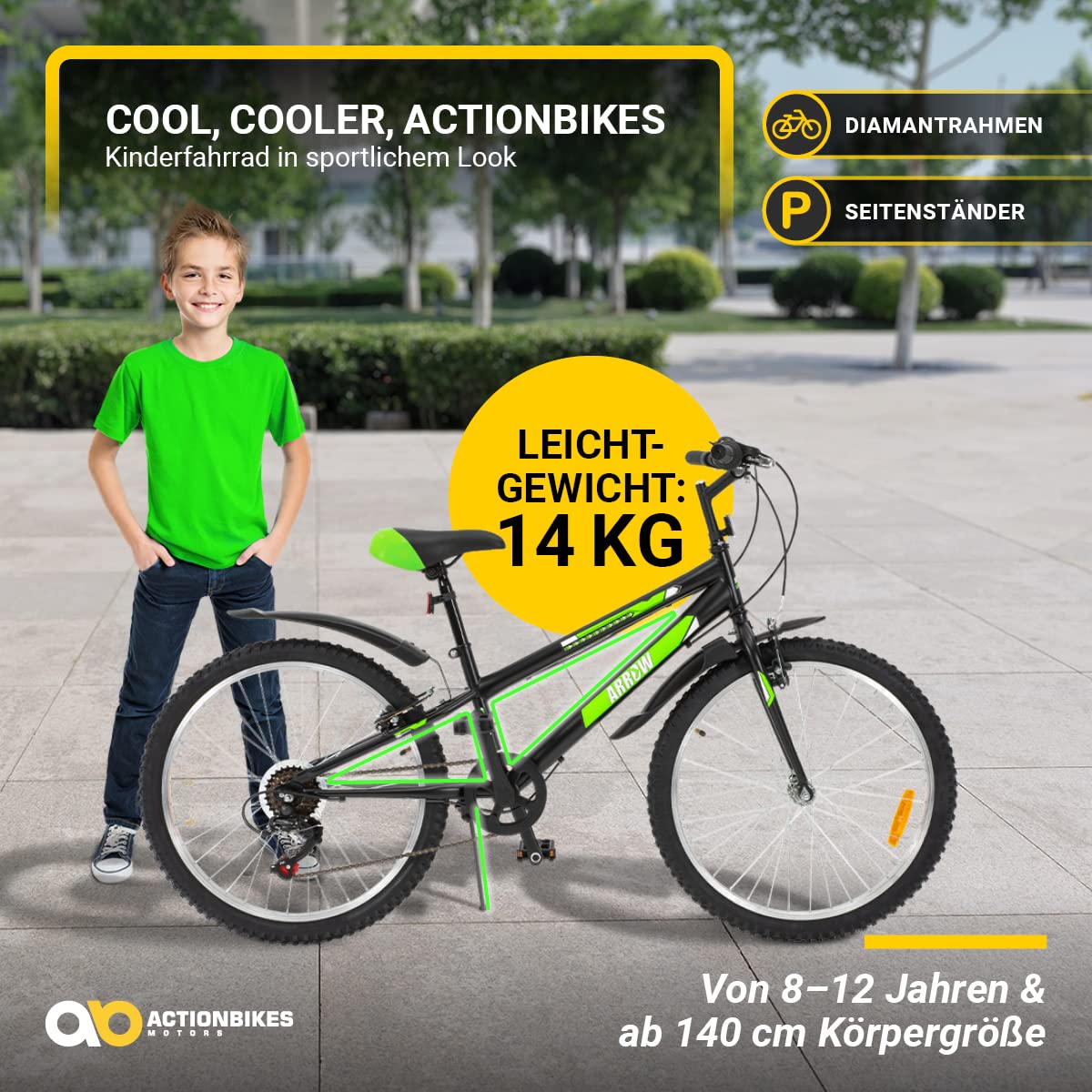 Actionbikes Kinderfahrrad Arrow | 20 Zoll 24 Zoll - V-Brake Bremsen - Fahrrad für Kinder von 6-12 Jahren - Schutzblech v. / h - Kinder Fahrrad für Mädchen & Jungen - Fahrräder - Bicycle - Kinderrad - Meloni2