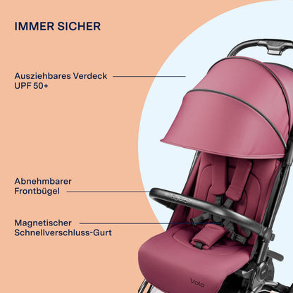 PEG Leichter Buggy Volo mit Regenschutz, Handgepäckgröße, Flugzeuggeeignet, Kompakt, Ab Geburt bis 22 kg, Reisetasche Inklusive, Malva