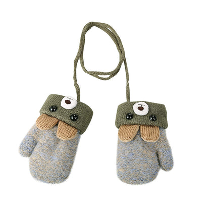 Kids Winter Gloves Mittens Baby Cartoon Mitten Neck Gloves Thick Double Knitted Glove with Plush,0 - 3 years old, Playing, Running, Skiing