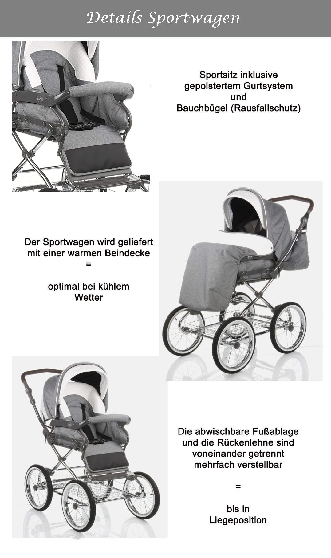 Kinderwagen-Set 2 in 1 Retro inkl. Sportsitz - 11 Teile - in 5 Farben