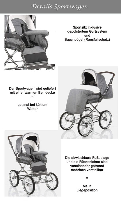 Kinderwagen-Set 2 in 1 Retro inkl. Sportsitz - 11 Teile - in 5 Farben