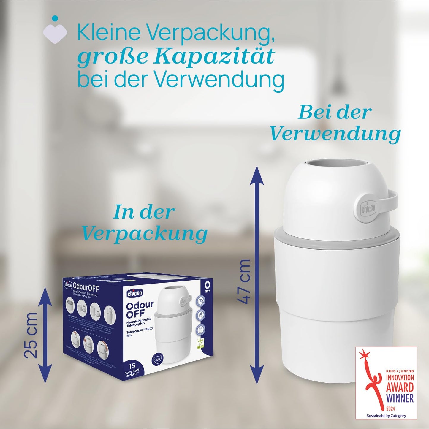 Chicco Windeleimer Odour Off, geruchsdichtes System, platzsparender Baby Windeleimer mit Deckel, einfach zu benutzen und zu reinigen, Ohne Nachfüllkassetten, funktioniert mit herkömmlichen Tüten