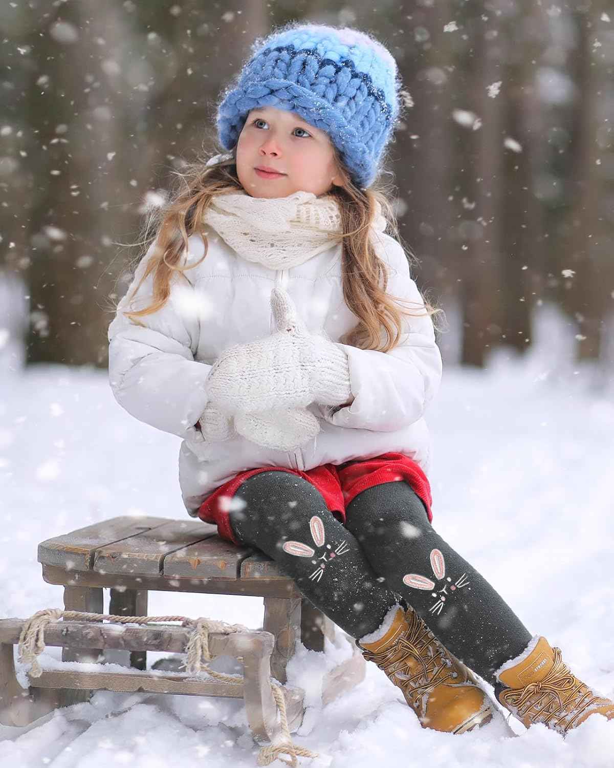 Domee Girls' Leggings Lined Thermal Trousers Warm Winter Cotton Embroidered Rabbit