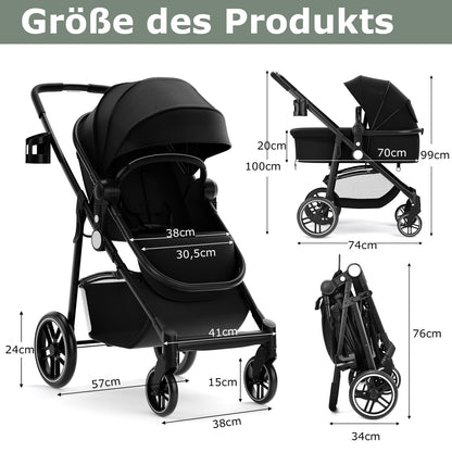 DREAMADE Kinderwagen klappbar, 3 in 1 Buggy mit umkehrbarem Sitz, Verdeck, Aufbewahrungskorb, Becherhalter & 5-Punkt-Sicherheitsgurt, Reisebuggy für Baby 0-6 Monate (Schwarz)