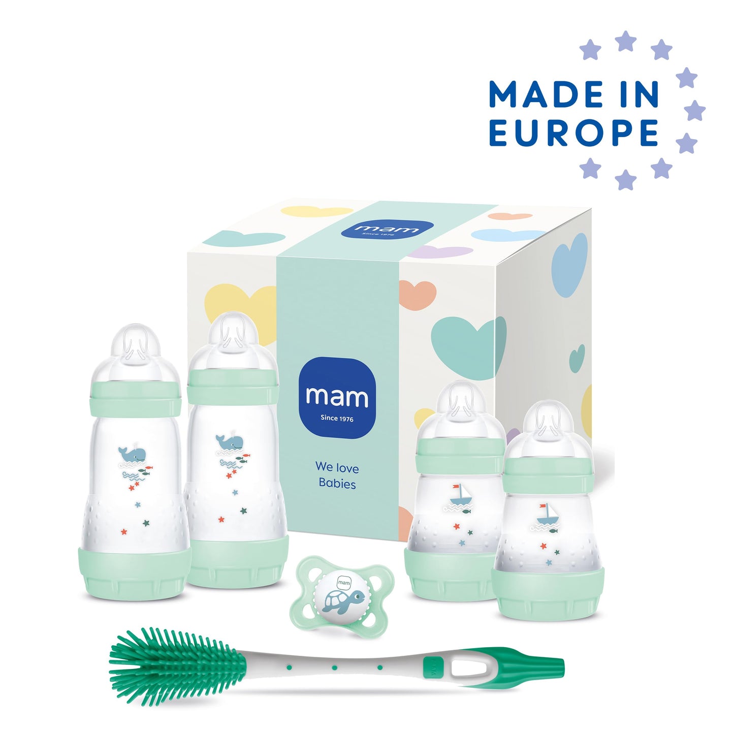 MAM Easy Start Anti-Colic Neugeborenen-Set | 0+ Mon | Babyflaschen-Set | 94% Akzeptanz | 96% Hebammen-Empfehlung | 80% weniger Koliken | 4 Trinkflaschen, 1 Original Schnuller & 1 Soft Brush | mint