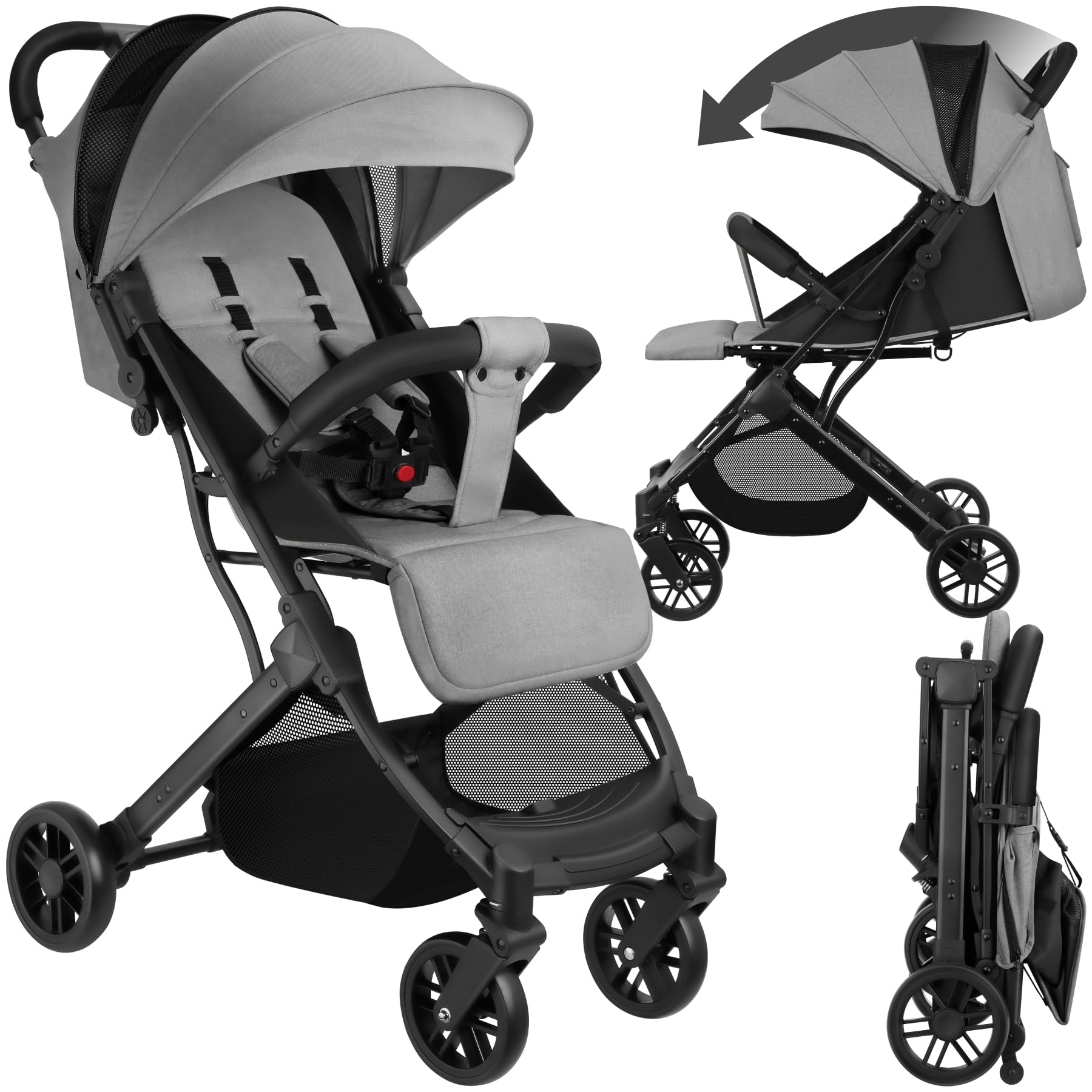 tectake® Buggy Kinderwagen von 0 bis 3 Jahre, Wagen für Baby Erstausstattung Neugeborene und Kinderbuggy, einhändig faltbarer Reisebuggy, Reisekinderwagen, Baby Wagen mit Verdeck - grau/beige - Meloni2