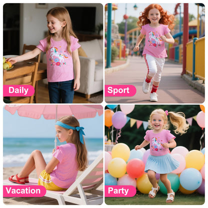 JinBei Mädchen T-Shirts Baumwolle Kinder Kurzarm Oberteile Rundhals Tops Shirts Atmungsaktiven Sommer Kleidung Niedlichen Mustern Sportshirt Casual Rosa und Weiß Streifen 2-7 Jahre, GR. 92-122