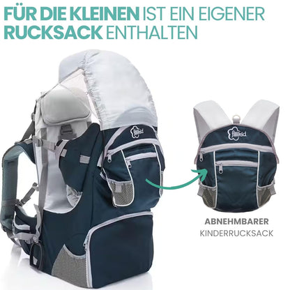Fillikid Rückentrage - Rücken Babytrage mit Sonnenschutz, Gurt, Kinder Rucksack und Staufächern - Kraxe zum Wandern mit Baby und Kleinkind, bis 18 kg - Blau Grau
