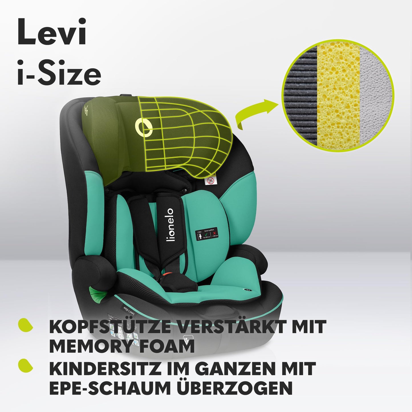 LIONELO LEVI I-SIZE 76-150 cm Kinderautositz, Gruppe 1 2 3, Seitenschutz, 10 Grad Kopfstützenverstellung Bequeme Armlehnen Verstellbare Rückenlehne, R129 i-Size